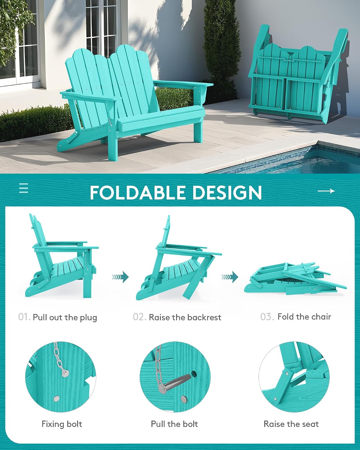 SERWALL Folding Adirondack Bench, HDPE All-Weather Adirondack Loveseat, 660 lbs Capacity, Foldable Outdoor Patio Bench for Deck, Lawn, Garden, Aruba