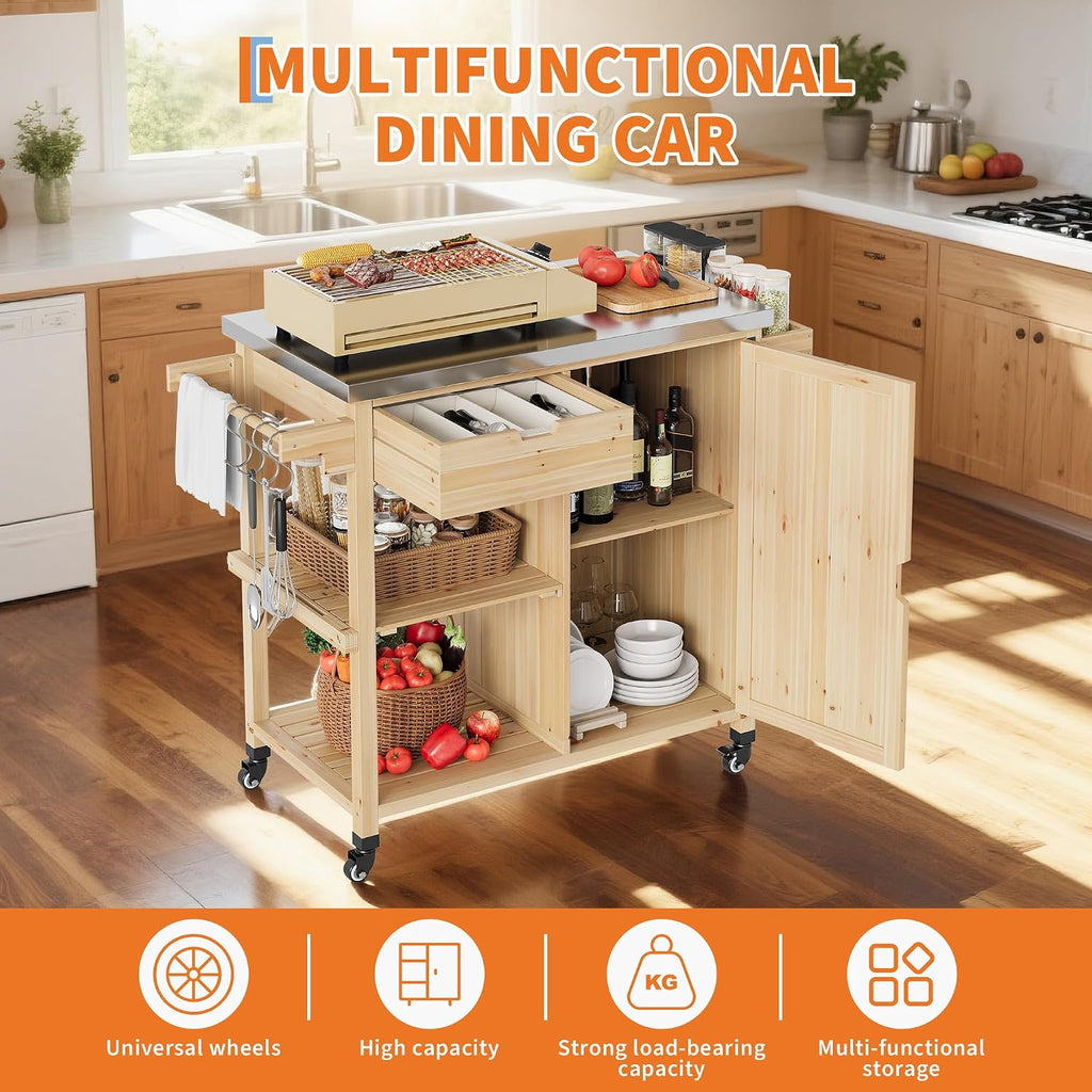 Solid Wood Outdoor Grill Cart Storage Cabinet Outdoor Grill Cart, BBQ Cart Prep Table with Stainless Steel Top, Drawer, & Open Shelves, Portable Rolling Kitchen Island for Patio, Garden, Backyard