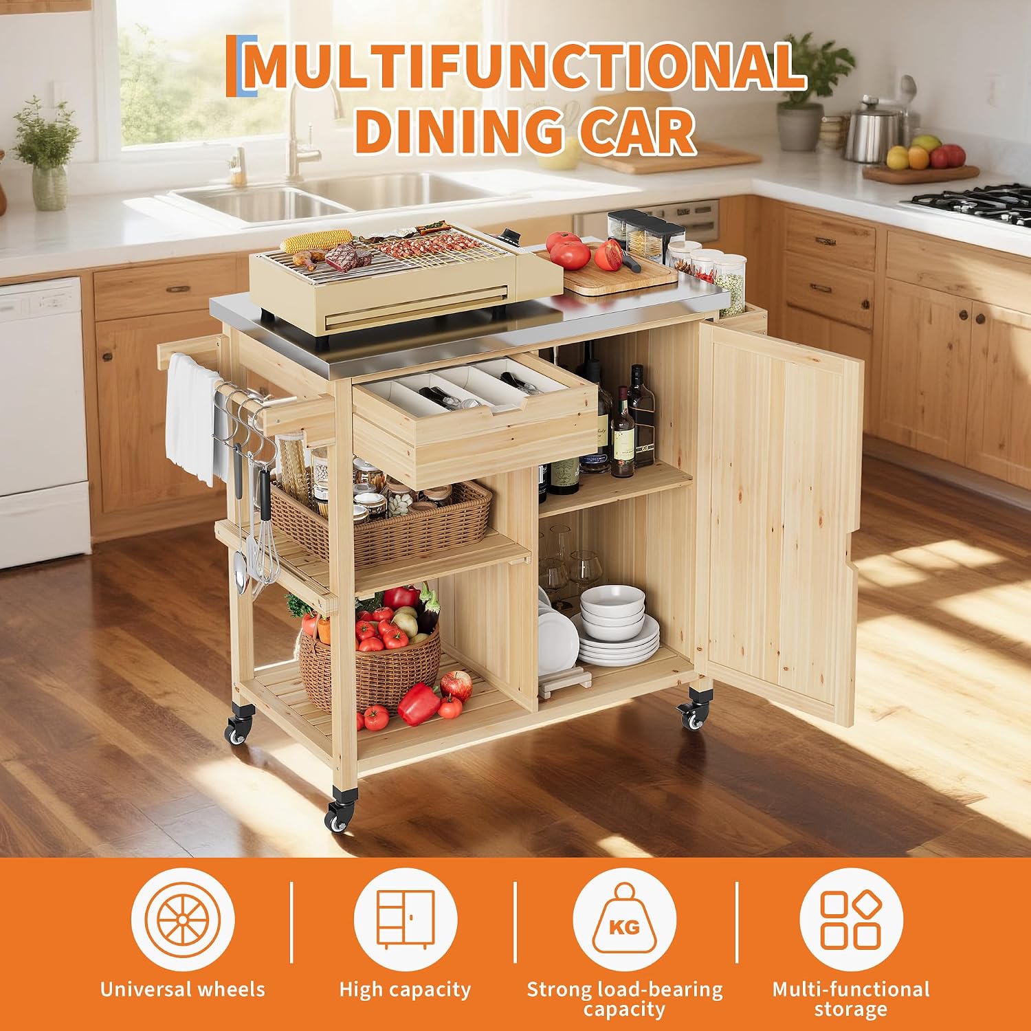 Solid Wood Outdoor Grill Cart Storage Cabinet Outdoor Grill Cart, BBQ Cart Prep Table with Stainless Steel Top, Drawer, & Open Shelves, Portable Rolling Kitchen Island for Patio, Garden, Backyard