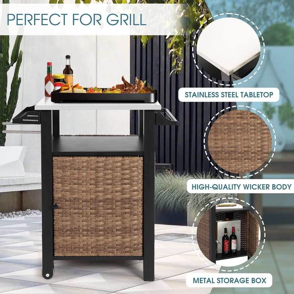 30' Grill Cart Outdoor with Wheels, Outdoor Prep Table with Wicker Storage and Rolling Wheels, Samll Kitchen Island Serving Cart with Stainless Steel Table Top for BBQ, Porch, Patio, Brown