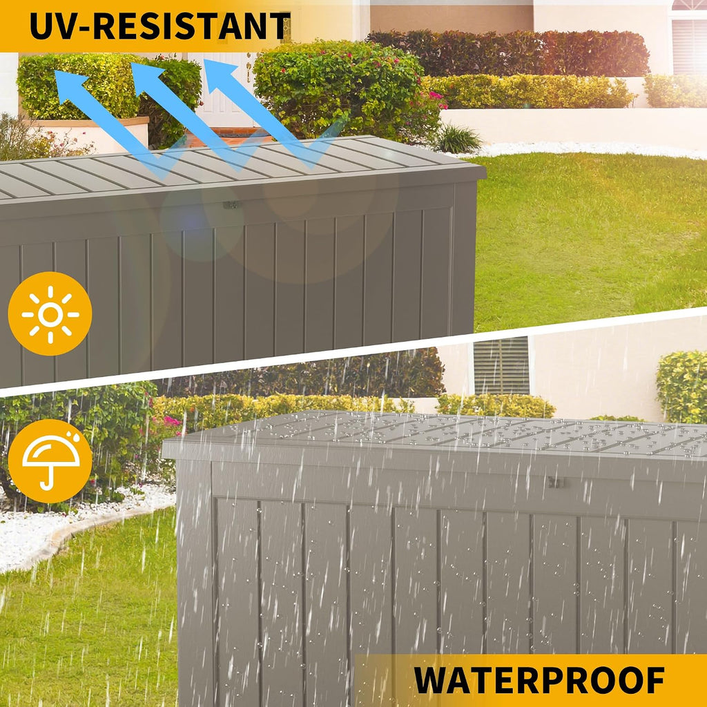 105 Gallon Resin Deck Box, Waterproof Outdoor Storage Bin for Patio Furniture, Pool Accessories, and Garden Tools, Lockable & UV-Resistant, Grey