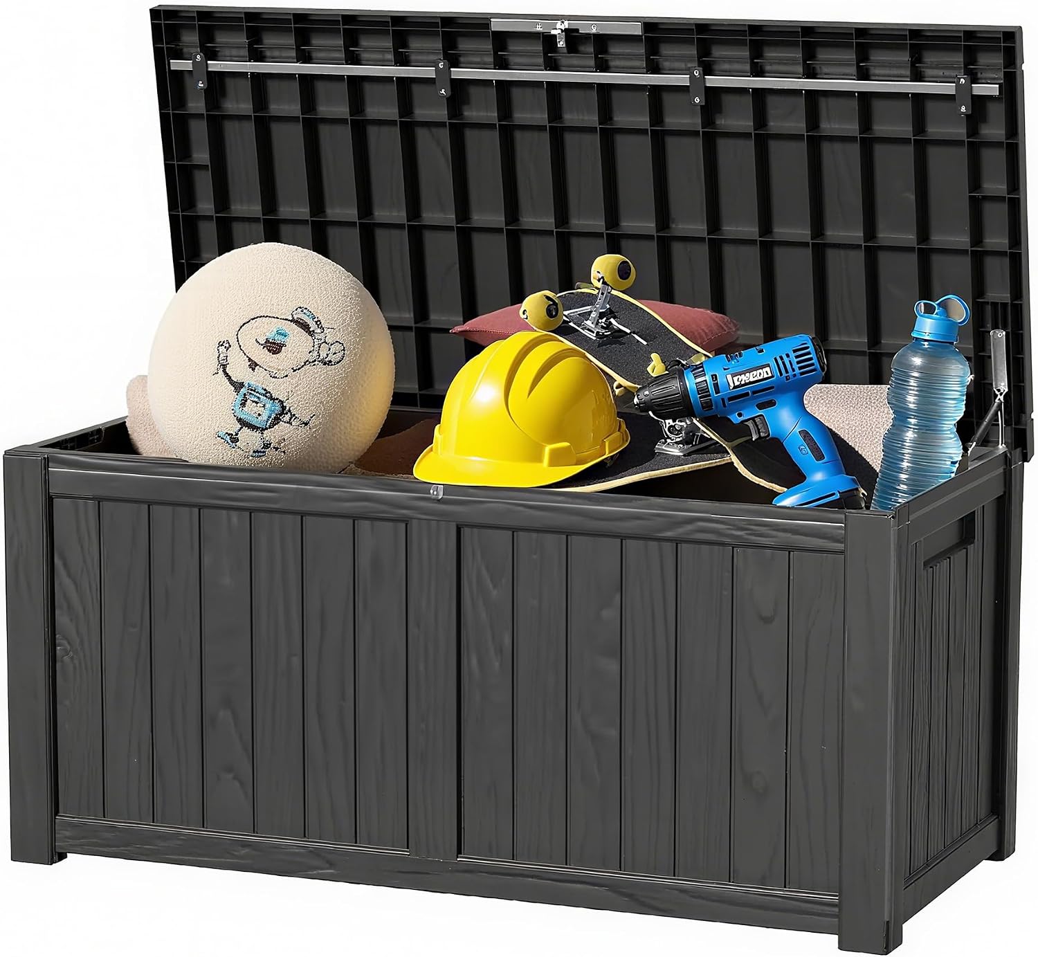 120 Gallon Outdoor Storage Box - Waterproof Resin Deck Box with Stainless Steel Rods - Lockable & Fade Resistant Storage Bin for Patio Cushions & Garden Tools, Black