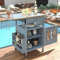 40.5' Outdoor Grill Cart with Stainless Steel Top, Solid Wood Outdoor Storage Cabinet with Drop Leaf, One Drawer, Towel Rack, Rolling Kitchen Cart with Lockable Wheels for Lawn Garden, Blue