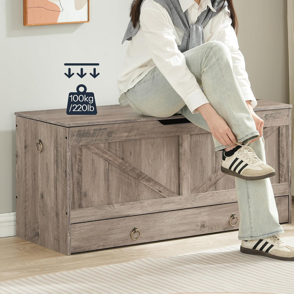 HOOBRO Storage Chest, 43.3' Toy Chest with Drawer, Wooden Storage Bench, Sturdy Entryway Bench Supports 220 lb, Shoe Bench, Safety Hinge, U-Shaped Opening, Easy Assembly, Greige BG711CW01G1