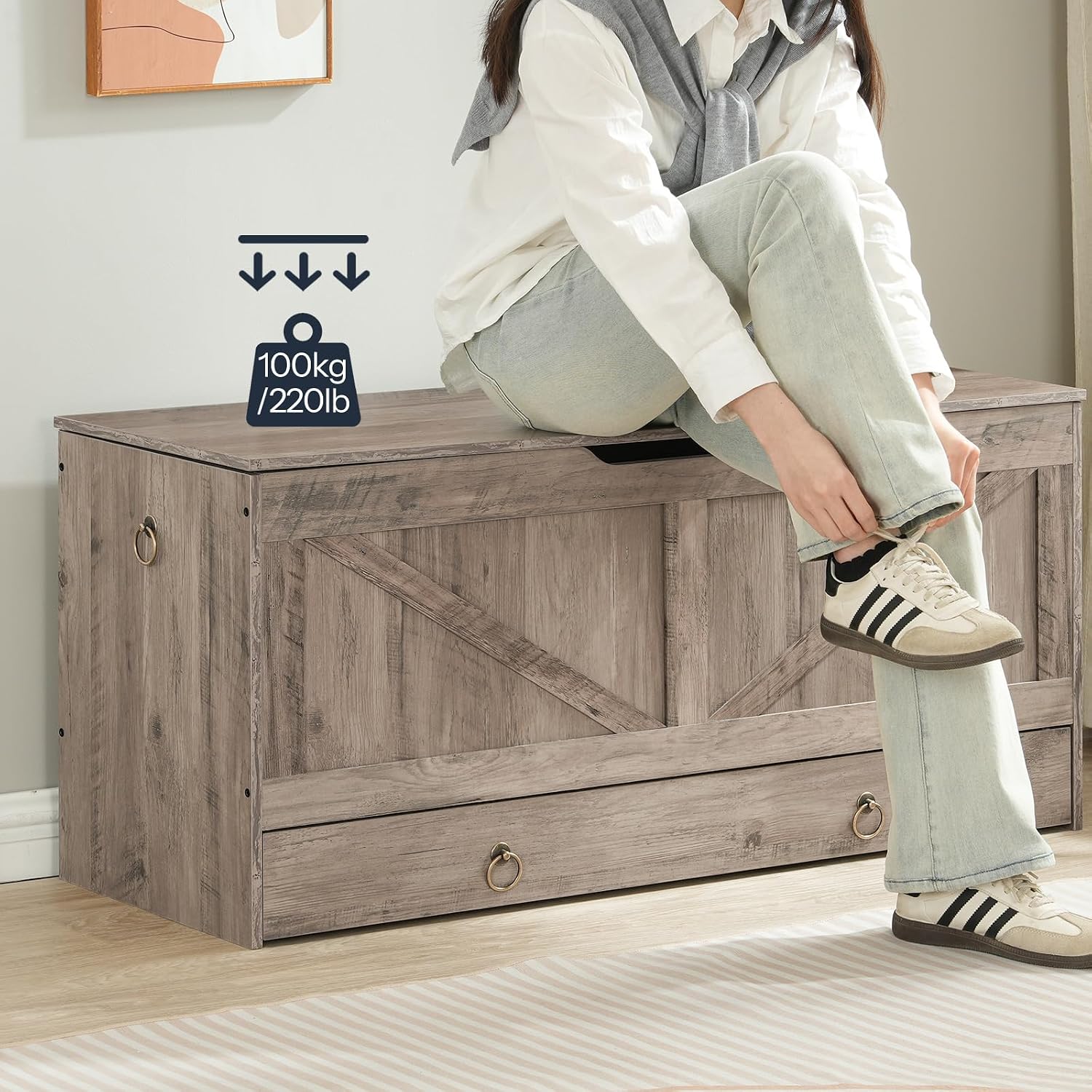 HOOBRO Storage Chest, 43.3' Toy Chest with Drawer, Wooden Storage Bench, Sturdy Entryway Bench Supports 220 lb, Shoe Bench, Safety Hinge, U-Shaped Opening, Easy Assembly, Greige BG711CW01G1