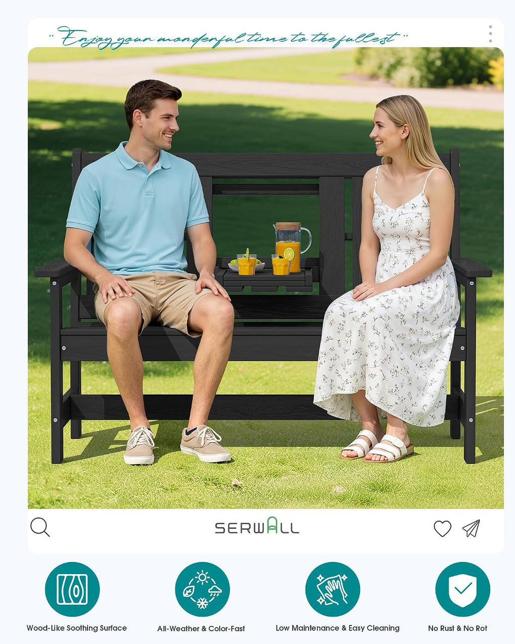 SERWALL Outdoor Bench with Cup Holder, 58' HDPE Garden Park Bench Suitable for 3 Person, All Weather Patio Benches with High Backrest and Wide Armrests for Garden, Park, Yard, Front Porch, Black