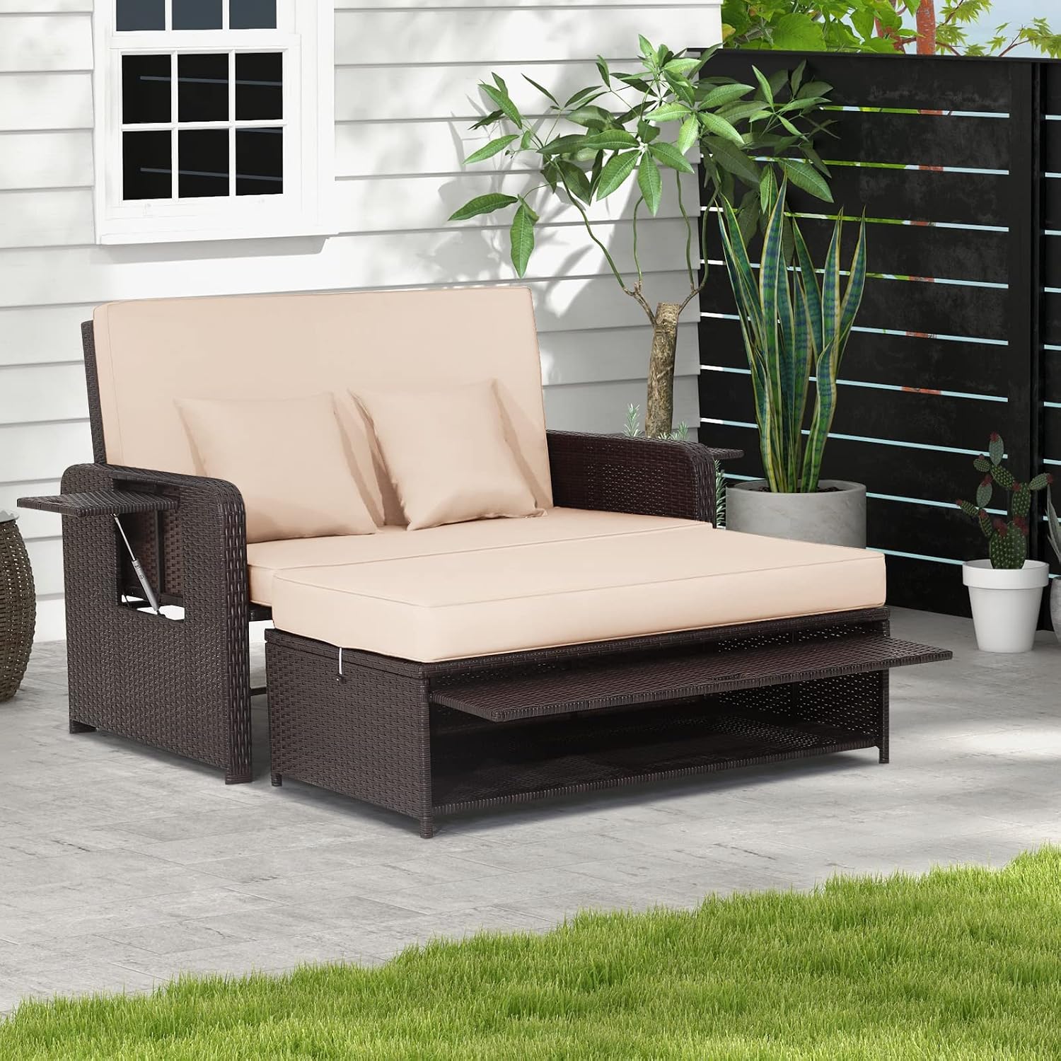 COSTWAY Patio Rattan Daybed with Cushions, Outdoor Wicker Loveseat Sofa with Storage Ottoman, 4-Level Adjustable Backrest, Bed Lounger for Yard, Balcony, Porch, Garden, Pool (Off White)