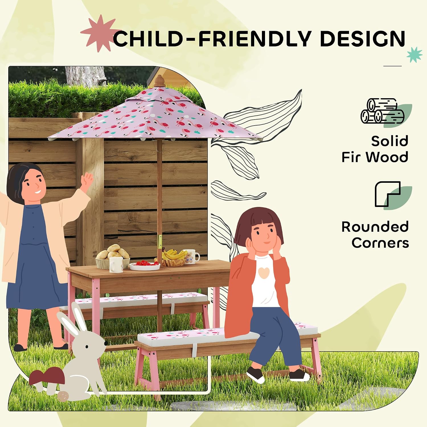 Qaba Kids Picnic Table, Wooden Table and Bench Set with Foldable Umbrella, Removable Cushions & Boxes, Flamingo Theme Children Activity Table Outdoor Furniture for Patio, Pink