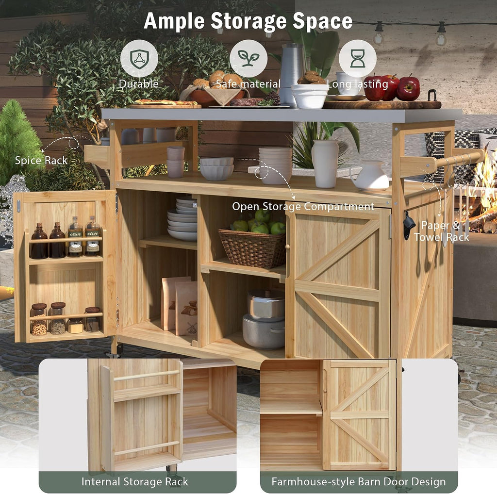 Outdoor Kitchen Island, Rolling Bar Cart & Storage Cabinet, Farmhouse Solid Wood Outdoor Grill Table with Stainless Steel Top, Spice Rack, Towel Rack for Kitchen & BBQ, Natural