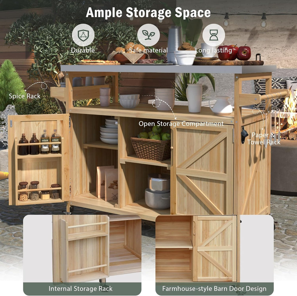 50.25'' Outdoor Kitchen Island, Rolling Bar Cart & Storage Cabinet, Farmhouse Solid Wood Outdoor Grill Table with Stainless Steel Top, Spice Rack, Towel Rack for Kitchen & BBQ, Natural