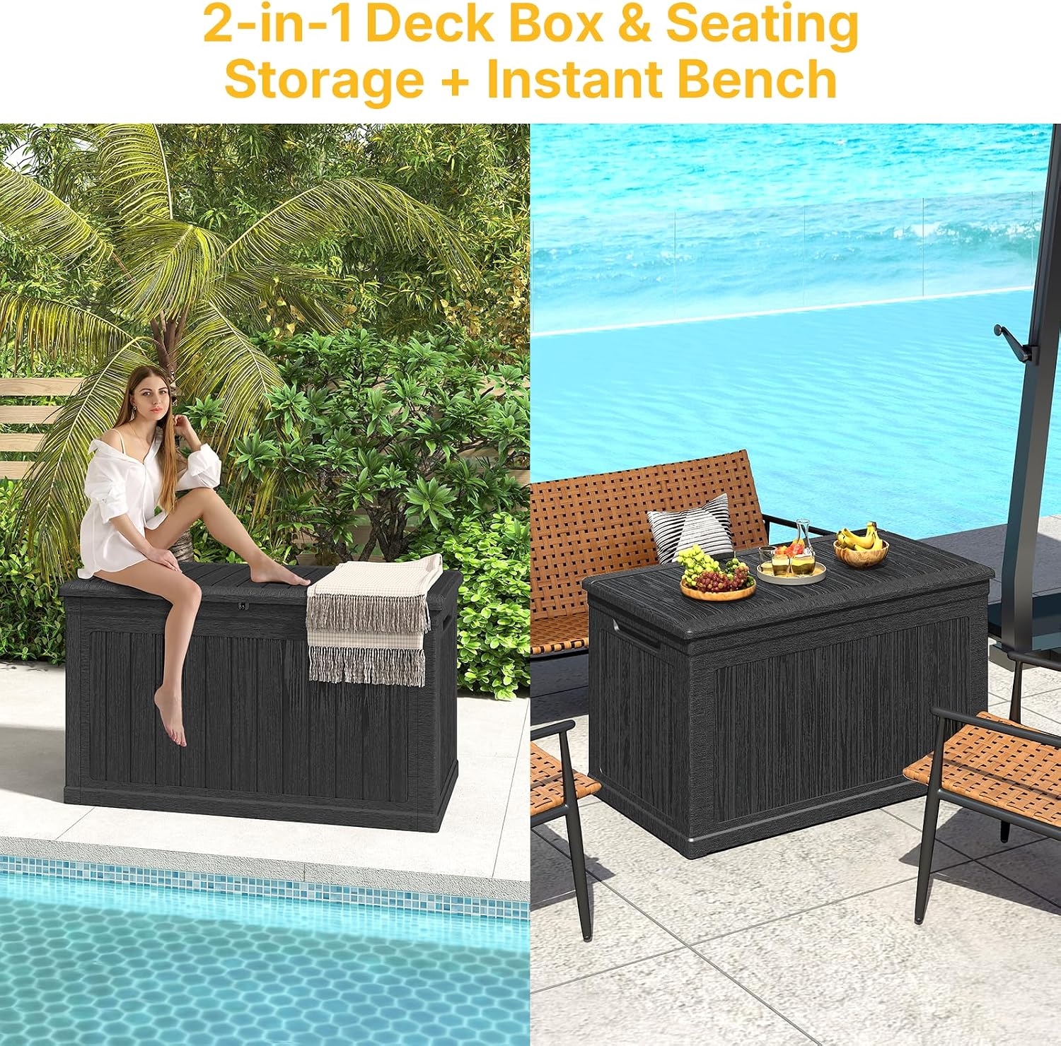 Skepphlay 230 Gallon Deck Box, Outdoor Storage Box Waterproof and UV Resistant, Patio Storage Box Lockable Large, 440 lbs Load Capacity for Garden, Patio, Pool (Black)