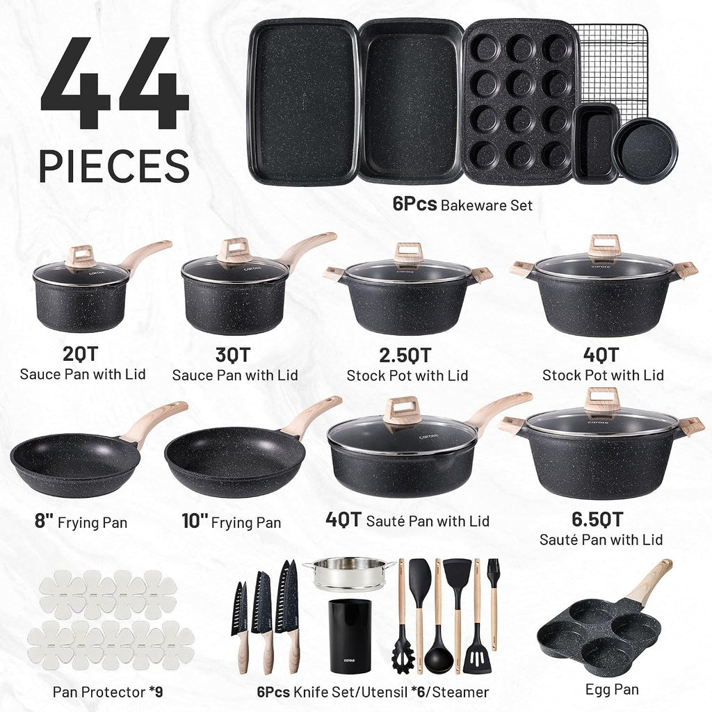 CAROTE 44pcs Pots and Pan Set Nonstick, Cookware Sets, Cooking Set Non Stick, Induction Cook Ware with Bakeware Set, Kitchen Knife Set