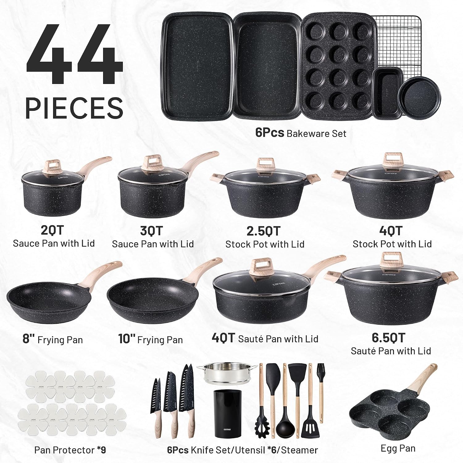 CAROTE 44pcs Pots and Pan Set Nonstick, Cookware Sets, Cooking Set Non Stick, Induction Cook Ware with Bakeware Set, Kitchen Knife Set