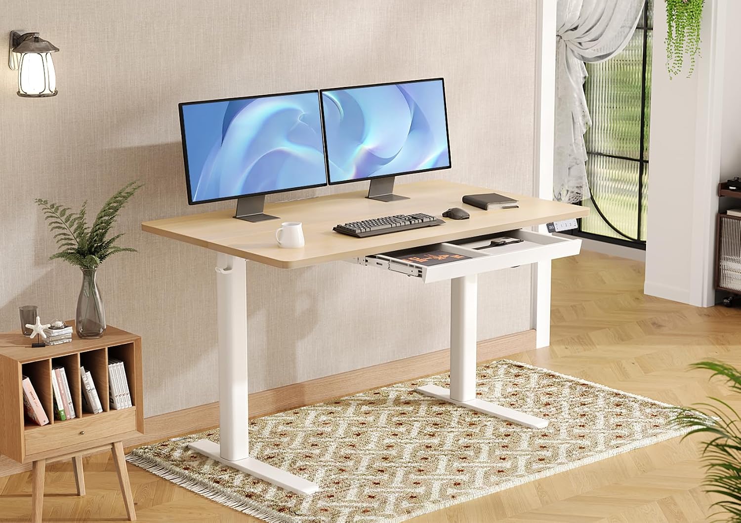 Claiks Standing Desk with Drawers, 48x24 Inch Stand Up Electric Adjustable Height Sit Stand Desk for Computer Workstation, Natural