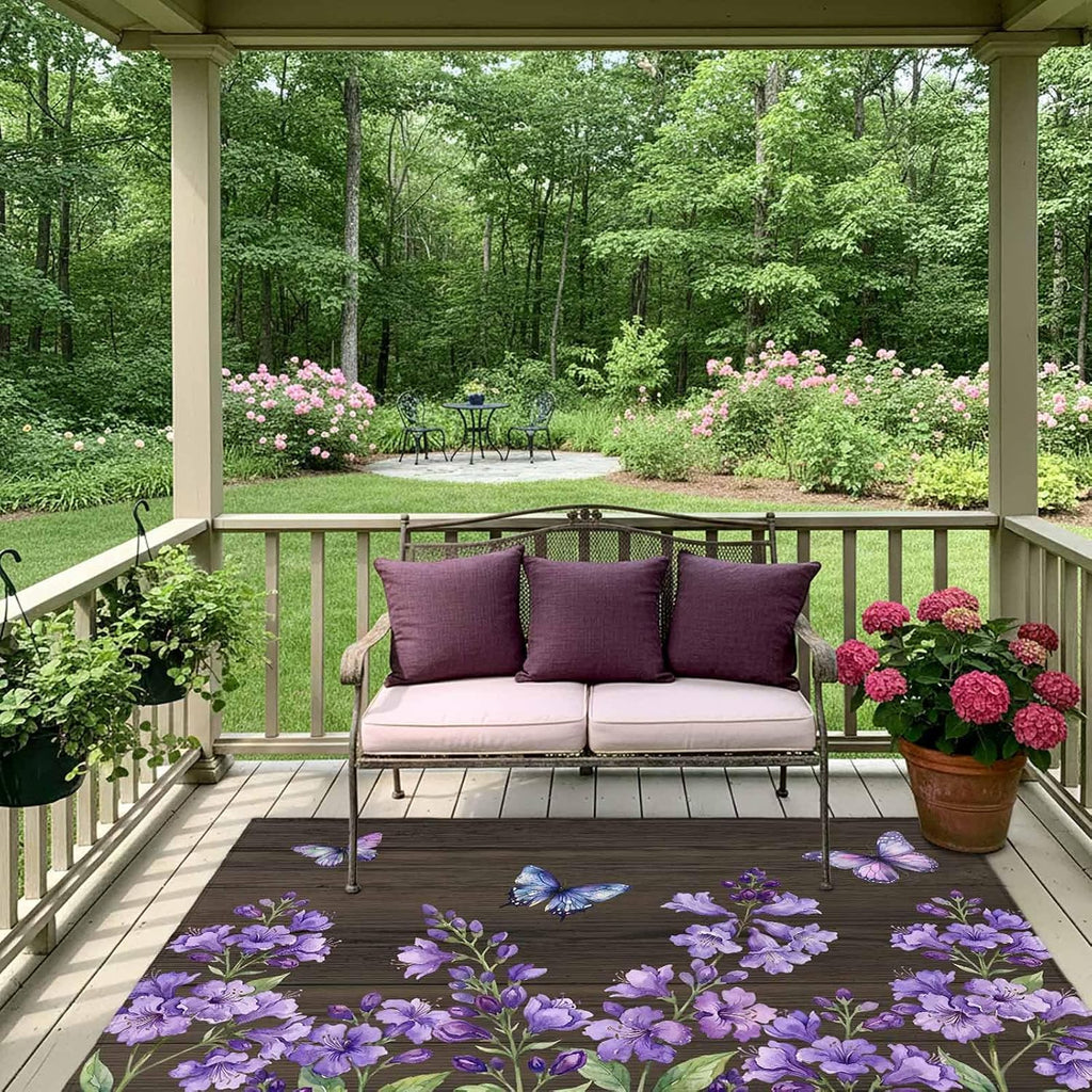 Purple Flowers Outdoor Rug for Patio/Deck/Porch, Non-Slip Large Area Rug 4 x 6 Ft, Butterfly Spring Floral Wooden Farmhouse Indoor Outdoor Rugs Washable Area Rugs, Reversible Camping Rug Carpet Runner