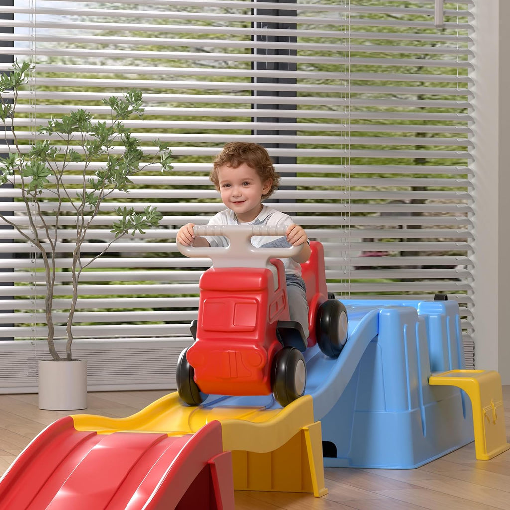Up & Down Roller Coaster，Kids Ride On Toy，Toddler Push Car with Assembled Race Track & Storage Base Box, Indoor Outdoor Playset
