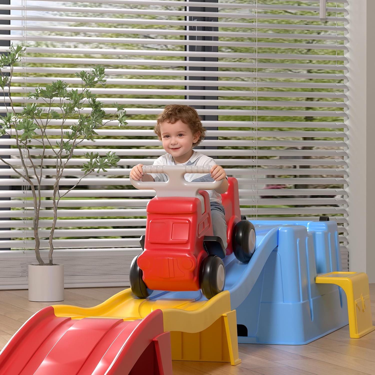 Up & Down Roller Coaster，Kids Ride On Toy，Toddler Push Car with Assembled Race Track & Storage Base Box, Indoor Outdoor Playset