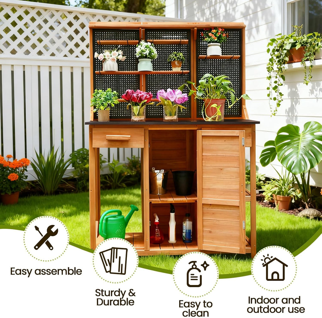Agitree Outdoor Garden Potting Bench, Horticultural Wooden Workstation Table with Storage Drawer, Cabinet, Metal Pegboard, Adjustable Hooks and Shelves for Backyard, Patio, Greenhouse