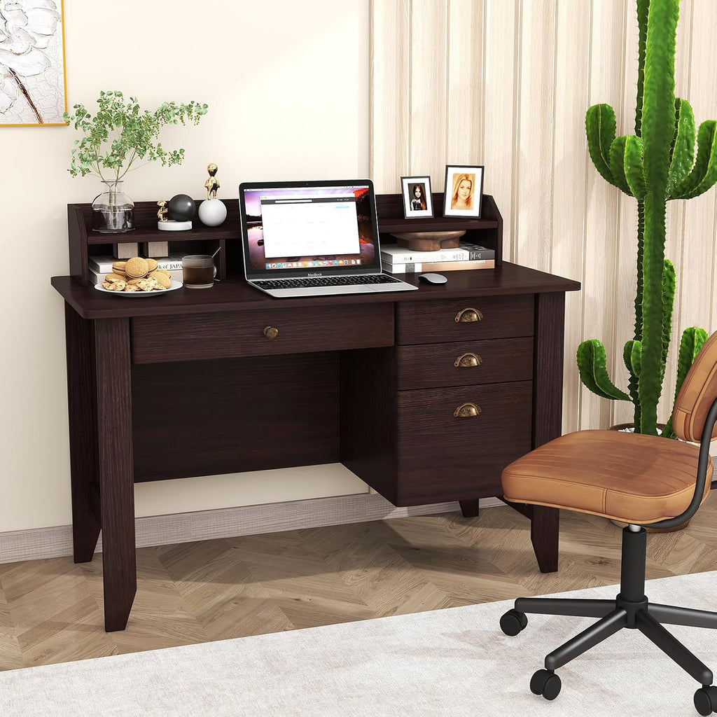 48' Vintage Computer Desk with 4 Storage Drawers & Top Hutch, Home Office Workstation with Drawer & Monitor Stand, Wooden Study Work Writing Table (Brown)