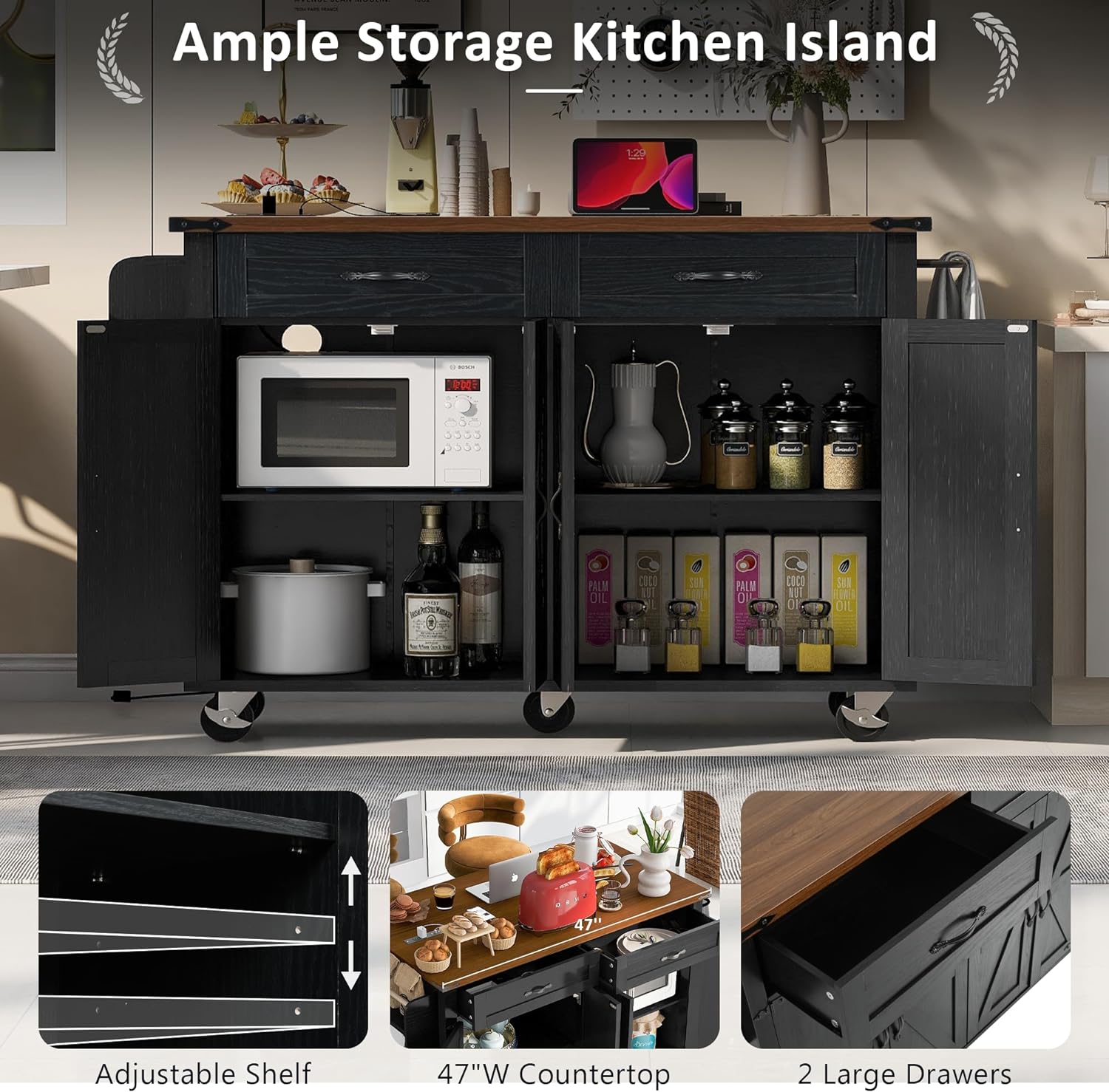 53.5''Farmhouse Kitchen Island with Power Outlet, Kitchen Storage Island with Drop Leaf, Spice Rack and Drawer, Rolling Kitchen Cart on Wheels, for Home, Living Room and Dining Room, Black
