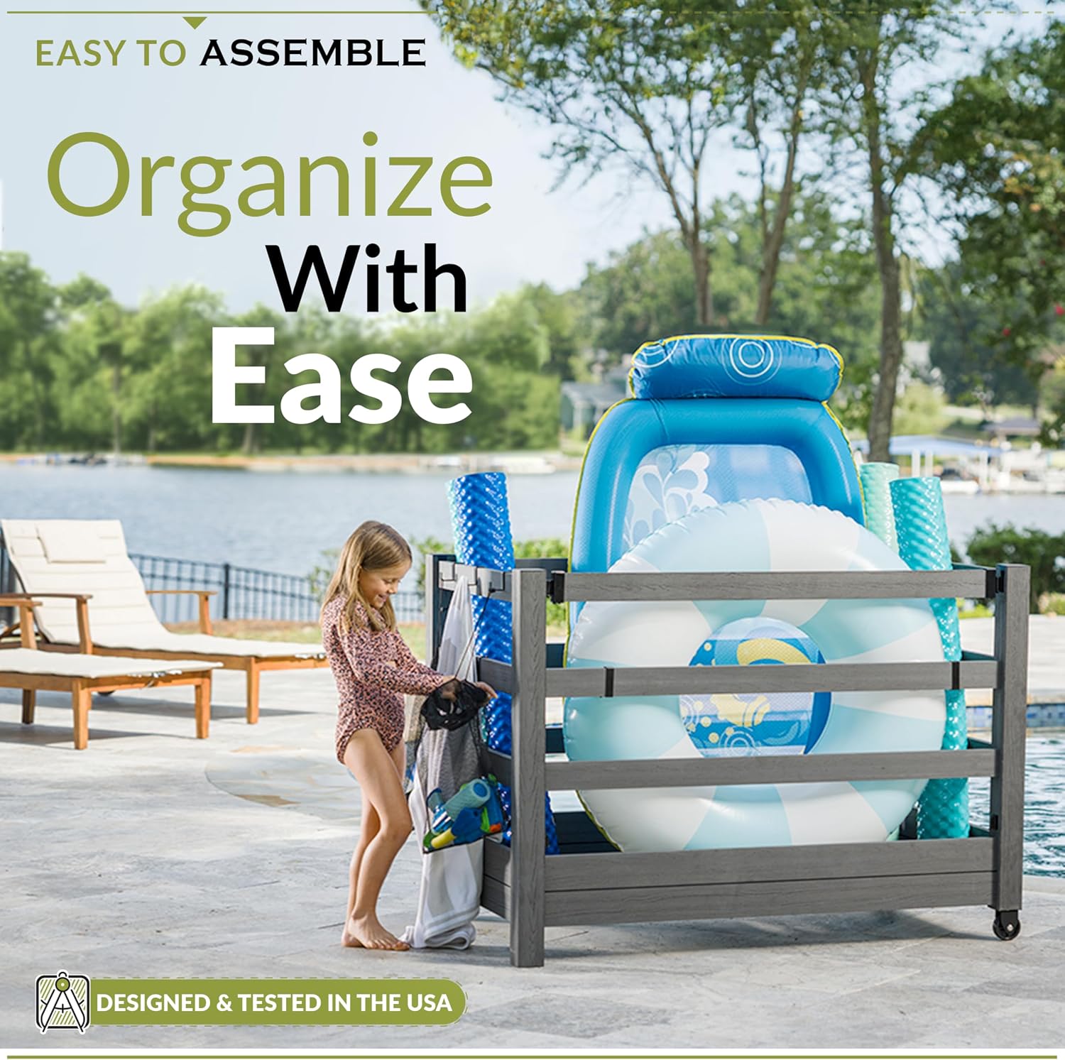 3.4ft H x 4.6ft W x 2.8ft L WoodTek Poolside Organizer and Pool Float Storage Rack, Wheeled Storage for Toys, Floats, and Accessories - Durable Pool Deck Caddy & Organizer w/ Dividers, Zippity AZ19078