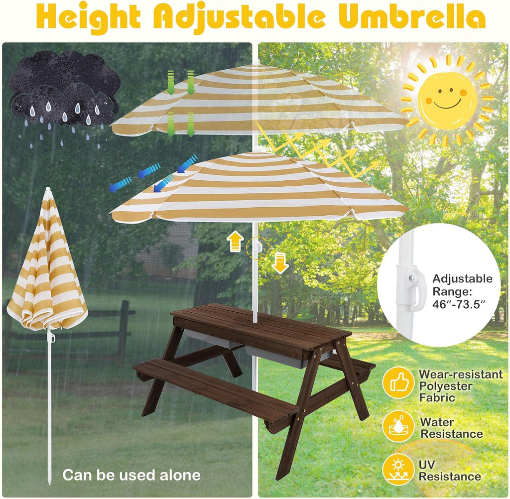 Costzon Kids Picnic Table with Sensory Bins, 4 in 1 Sand and Water Table with Height Adjustable Umbrella, Removable Tabletop for Outdoor Backyard Patio Play