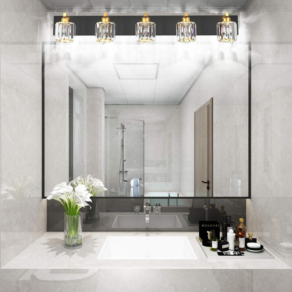 Aipsun Crystal Bathroom Vanity Light Black Vanity Lighting fixtures 5 Lights Crystal Vanity Light for Bathroom(Exclude Bulb)