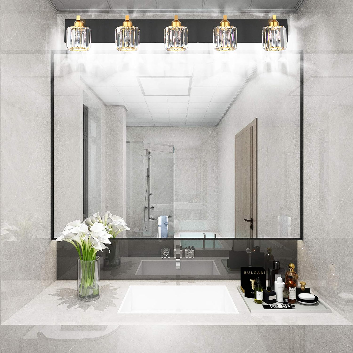 Aipsun Crystal Bathroom Vanity Light Black Vanity Lighting fixtures 5 Lights Crystal Vanity Light for Bathroom(Exclude Bulb)