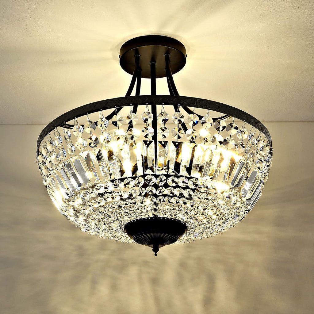WINGBO 19.5 Inch Crystal Ceiling Light Fixture, 5-Light Raindrop Semi Flush Mount Chandelier, Modern Round Close to Ceiling Hanging Light for Living Room Dining Room Bedroom Hallway, Black