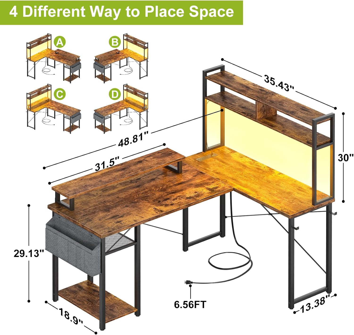 Besiost Small L Shaped Gaming Desk with Power Outlets, 48' Reversible L Shaped LED Computer Desk with Monitor Stand & Storage Shelf, Corner Gamer Desk Home Office Desk with Storage Bag, Rustic Brown