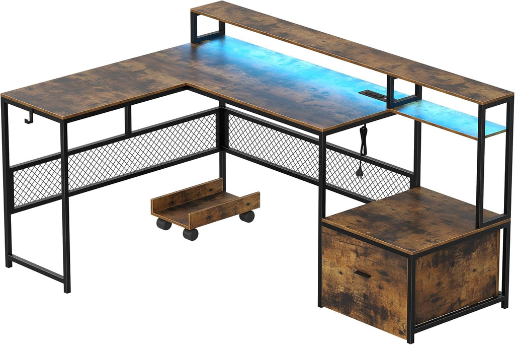 L Shaped Desk with Drawers, 66' Home Office Desk with Power Outlet and Led Strip, Computer Desk with Storage Shelves & Monitor Stand, Large Corner Desk Gaming Desk, Rustic Brown
