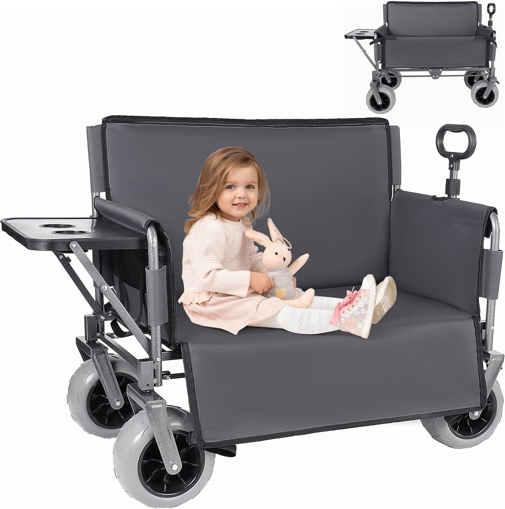 3-in-1 Folding Wagon with Bench Seat – 500lbs Capacity,Reinforced Carbon Steel Frame, 180L Cargo Space– Perfect for Camping, Beach, Outdoor Events & Heavy-Duty Hauling (Gray + Cup Holder)