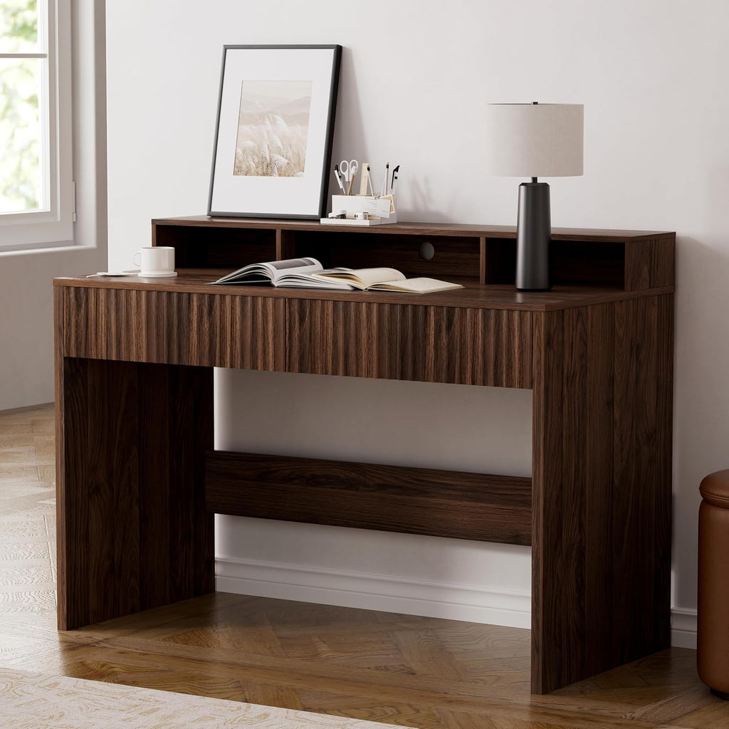 47' Executive Desk with Fluted Drawer, Modern Home Office Desk with Long Monitor Stand and 2 Drawers, Computer Writing Desk for Study Office Vanity, Brown