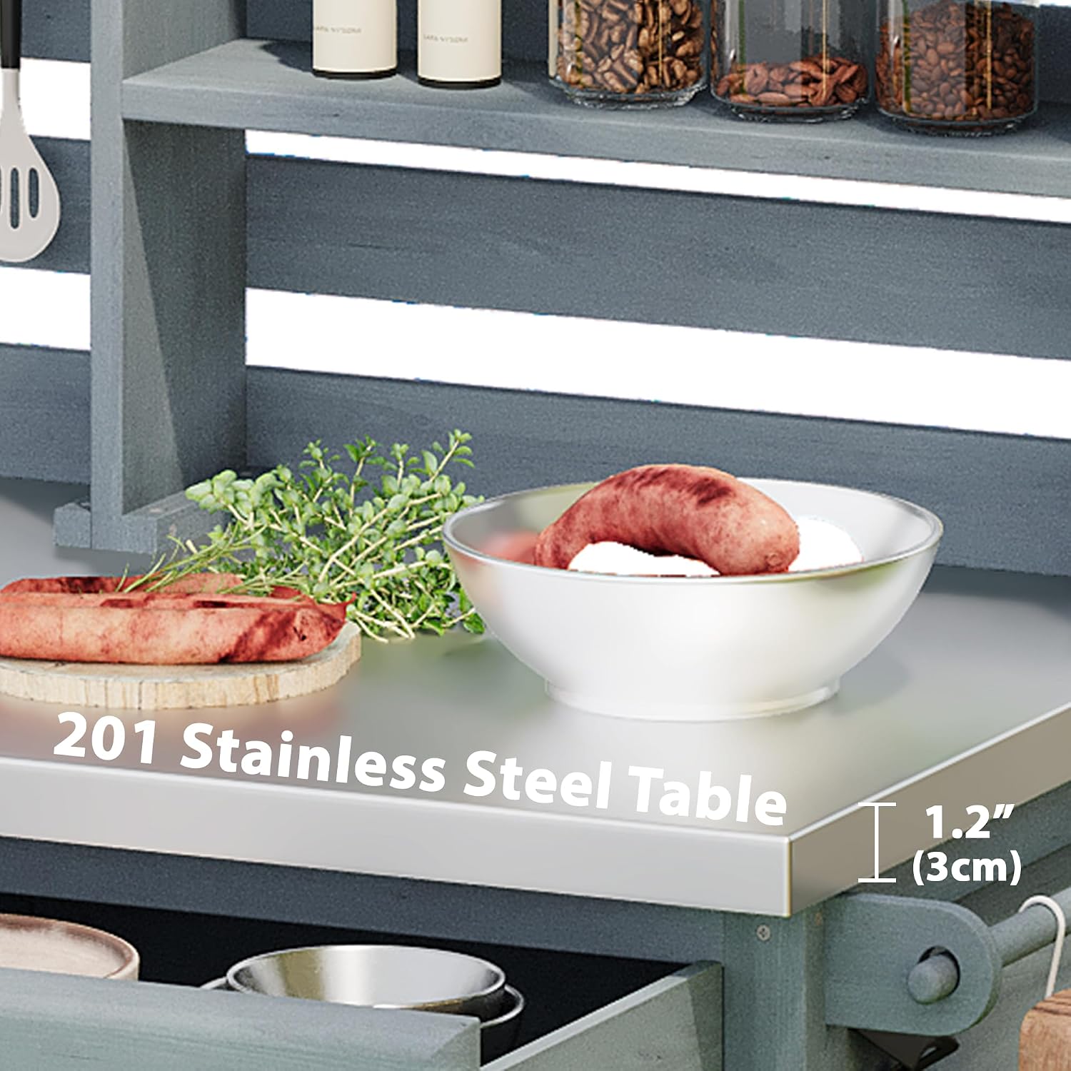 64.9'H Outdoor Potting Bench Table, Outdoor Wood Workstation Table with Lockable Wheels, Stainless Steel Top, Towel Rack, Solid Wood Outdoor Kitchen Island with Upper Hutch for Grilling, Lawn Garden