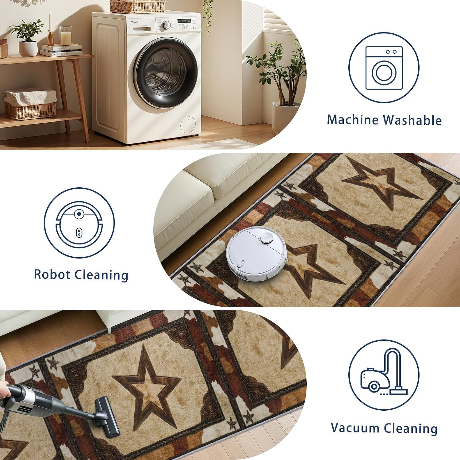 Texas Star Runner Rug for Hallway - 3x12 Washable Rug Runner Non Slip - Western Cowboy Kitchen Rugs - Rustic Farmhouse Cowhide Carpet Runners for Hallway, Laundry Room, Bedroom, Bathroom