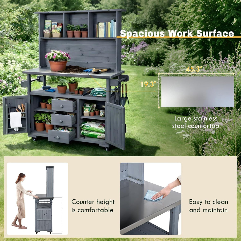 65''H Large Garden Potting Bench, Solid Fir Wood Outdoor Kitchen Island with Lockable Wheels, Stainless Steel top, Drawers, Shelf and Cabinets, Door Shelves and Hutch for Grilling (Gray-113)