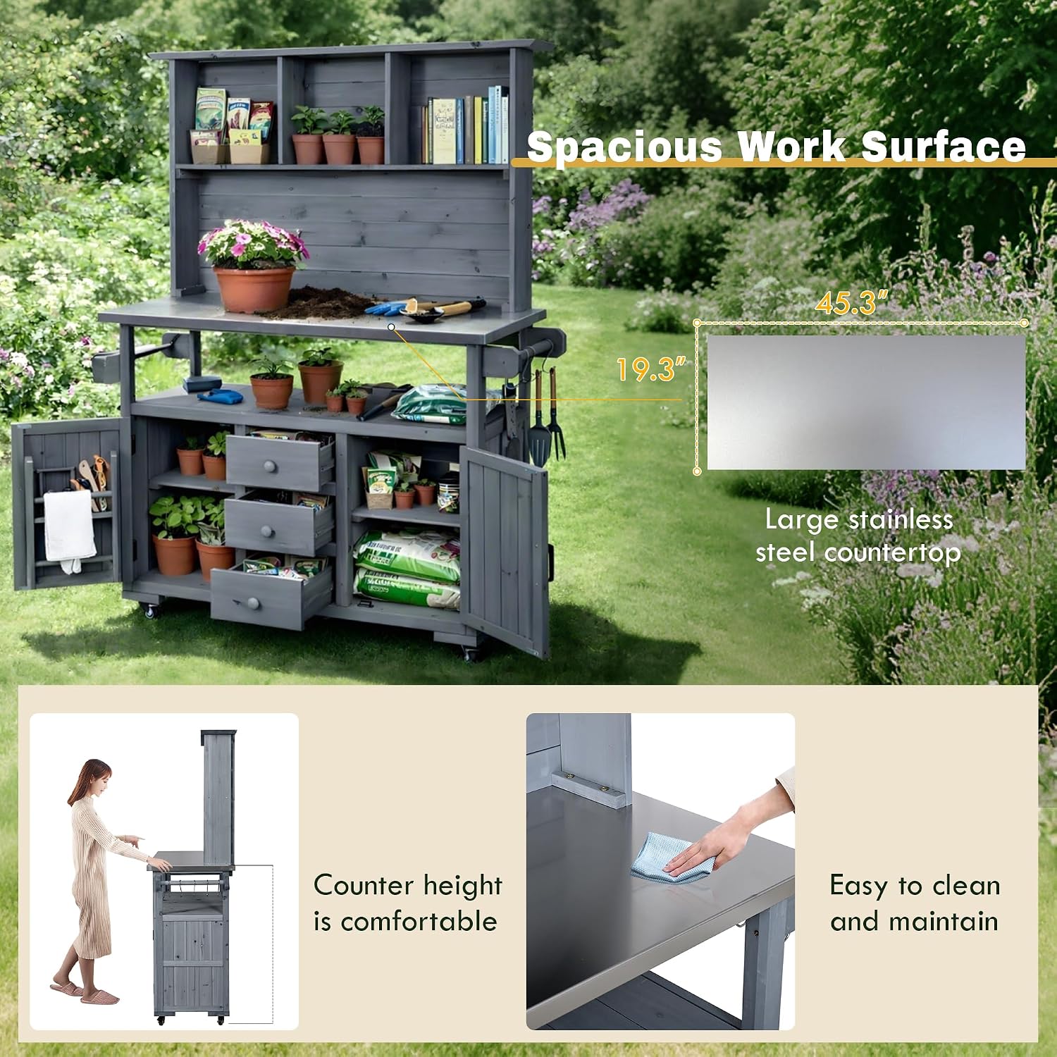 65''H Large Garden Potting Bench, Solid Fir Wood Outdoor Kitchen Island with Lockable Wheels, Stainless Steel top, Drawers, Shelf and Cabinets, Door Shelves and Hutch for Grilling (Gray-113)