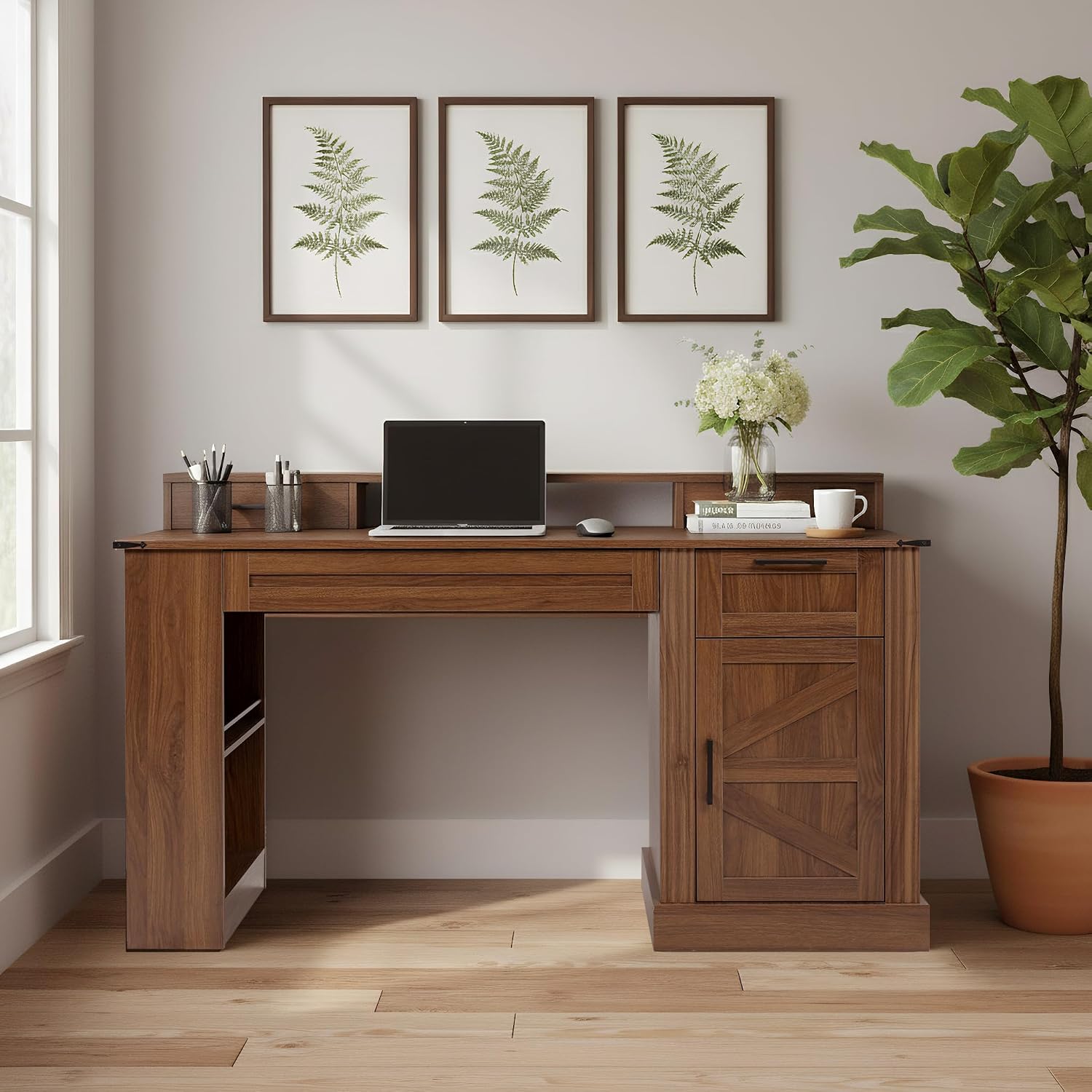 55' Farmhouse Office Desk with Storage Cabinet & Drawers, Computer Writing Desk with Power Outlet, Monitor Stand & Pegboard, Built-in Shelves and Keyboard Tray for Study, Home Office (Walnut)