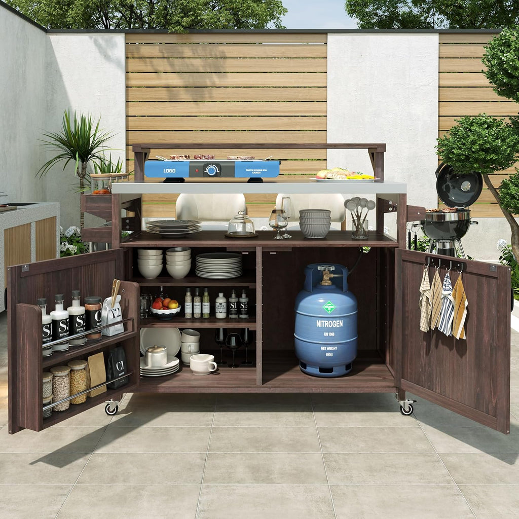 Harper & Bright Designs Grill Cart with Storage Cabinet, Outdoor Kitchen Island with Stainless Steel Top & Raised Shelf, Rolling Grill Cart with Spice Rack & Adjustable Shelf,Brown