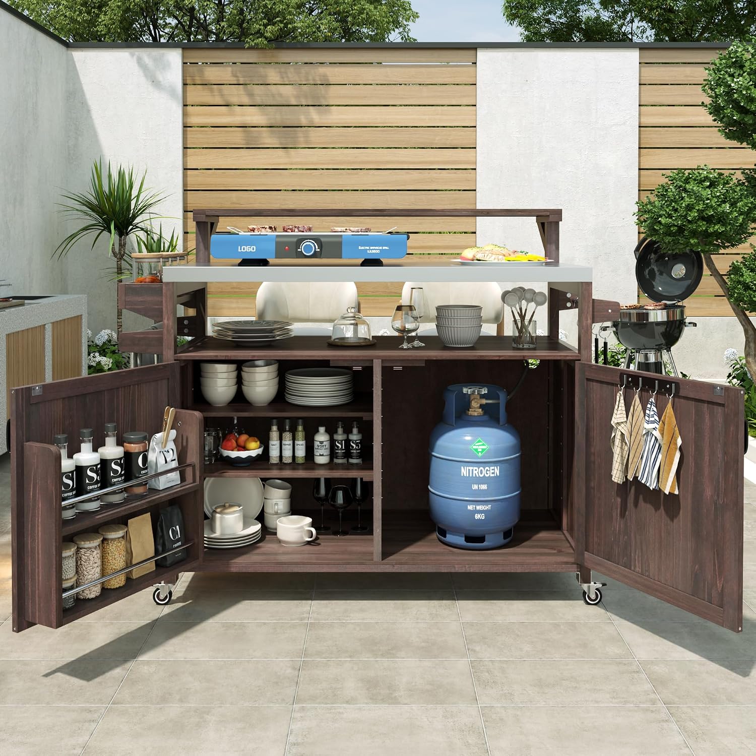Harper & Bright Designs Grill Cart with Storage Cabinet, Outdoor Kitchen Island with Stainless Steel Top & Raised Shelf, Rolling Grill Cart with Spice Rack & Adjustable Shelf,Brown