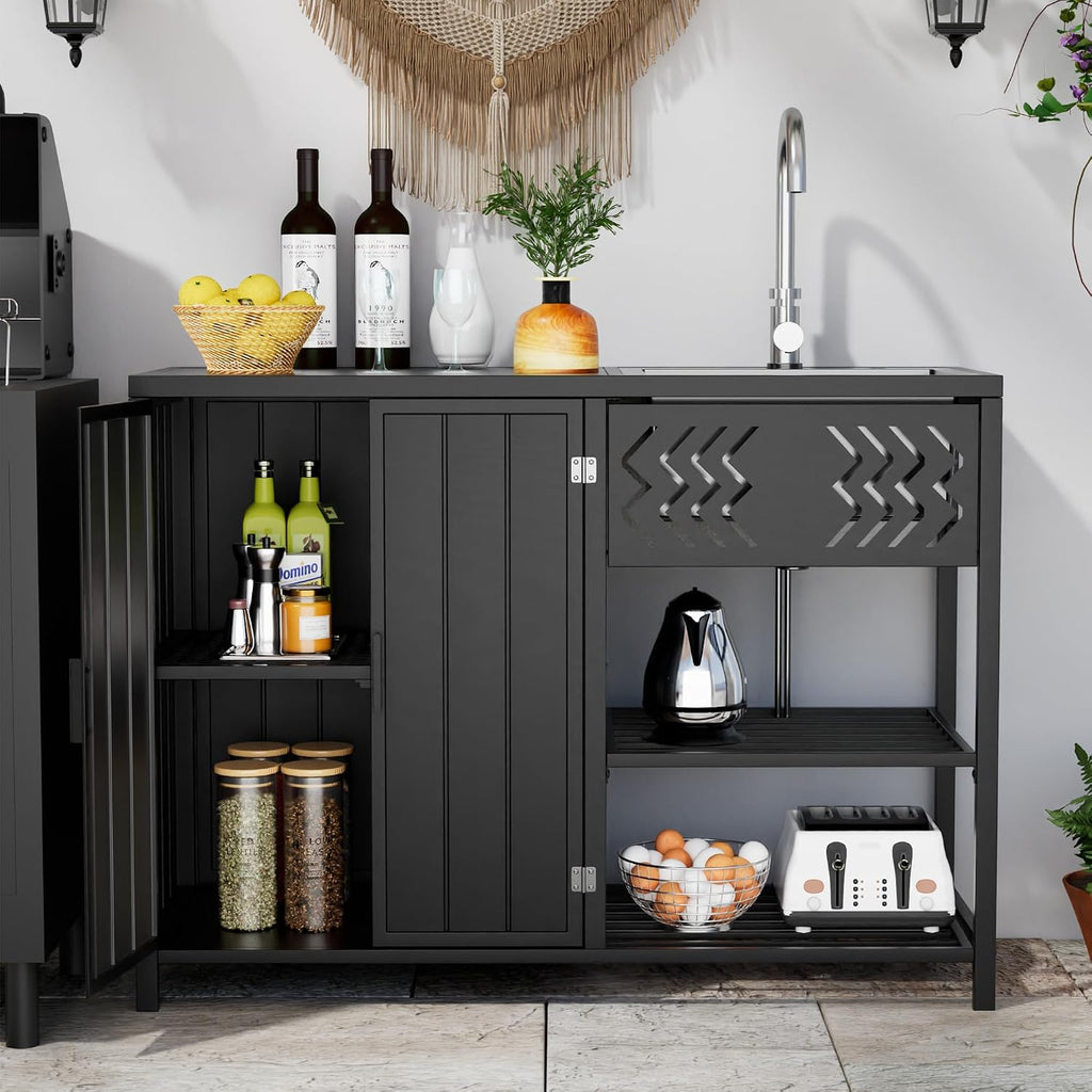 LUCKWIND 48 Inch Iron Utility Sink Cabinet with Stainless Steel Sink & Faucet, 2-Door Enclosed Storage Cabinet and 2-Shelf Open Unit for Outdoor Patio, Kitchen & Commercial Use