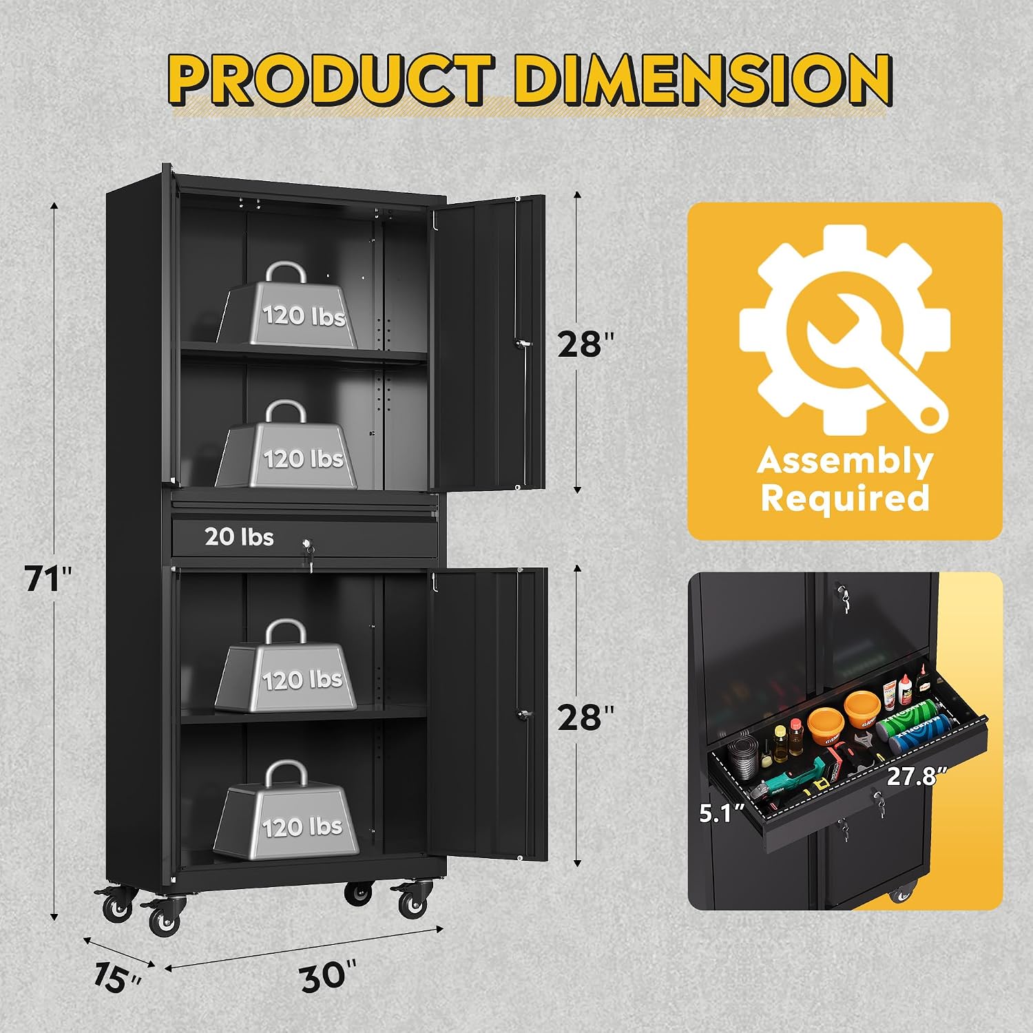 DEVAISE Metal Garage Storage Cabinet with Locking Doors and Drawer,71' Tool Cabinet with Adjustable Shelves & Wheels, 71' Steel Cabinet for Garage, Warehouse (Black)