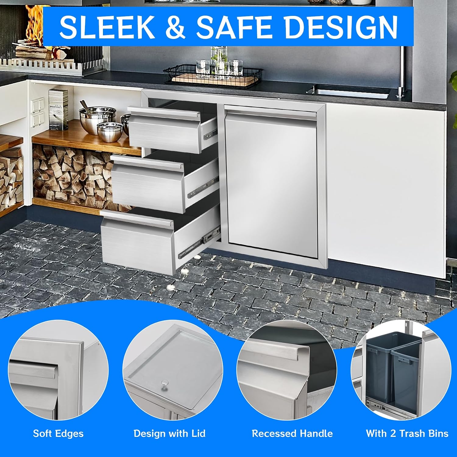 Outdoor Kitchen Drawer Combo, Stainless Steel Triple Drawer Cabinet with Built-in Trash Bin Drawer & Two Trash Cans, 28' W x 22' H x 19.5' D Outdoor Kitchen Storage for BBQ Grill Islands