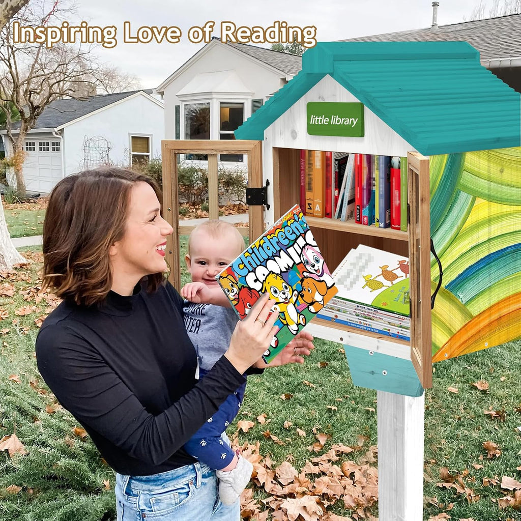 Little Library Box Outdoor Free Library Kit, Updated Double Doors Literature Little Library Box, Wood Cabinet Book Storage for DIY Nameplate, Neighborhoods, Community, Schools Sharing Books