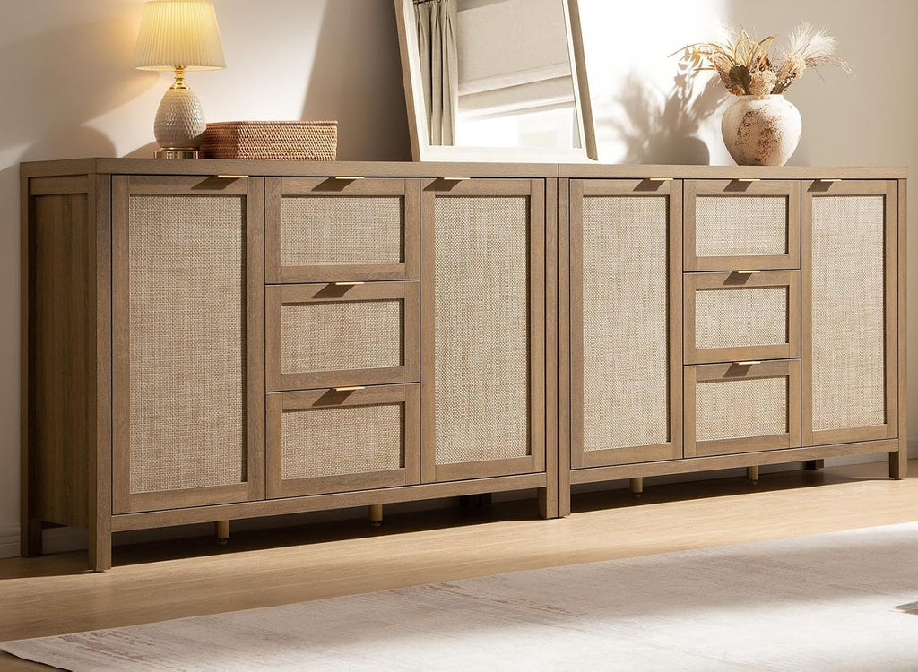 SICOTAS Rattan Large Sideboard Buffet Cabinet with Storage - Farmhouse Boho Coffee Bar Storage Cabinet with 3 Drawers and 2 Doors, Tall Credenza for Living Room, Kitchen, Caramel Oak (2 Pieces)