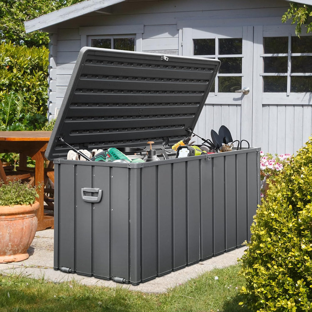 Domi Deck Box Outdoor Storage Box 120 Gallon, Large Metal Storage Cabinet with Resin Lid, Waterproof Lockable Patio Storage Box for Cushions Garden Tools Pool-Supplies, Dark Grey