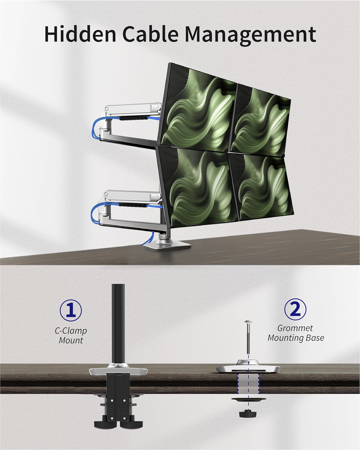 Heavy Duty Quad Monitor Mount Desk Stand, Mechanical Spring 4 Monitor Arm Fits Four 13-40 Inch Screens up to 25 lbs Each, Fully Motion VESA Mount Base (C-Clamp/Grommet), Premium Aluminum, Silver