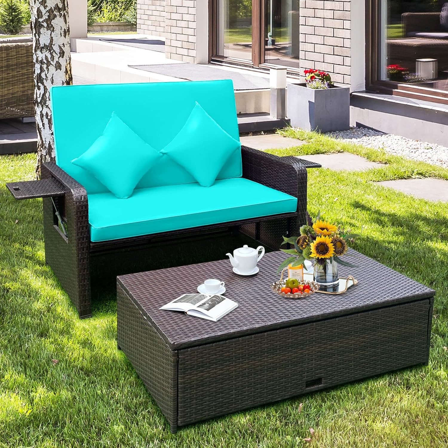 COSTWAY Patio Rattan Daybed with Cushions, Outdoor Wicker Loveseat Sofa with Storage Ottoman, 4-Level Adjustable Backrest, Bed Lounger for Yard, Balcony, Porch, Garden, Pool (Turquoise)