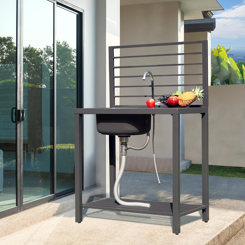 Domi Outdoor Kitchen Island with Storage, Aluminum Kitchen Island Stainless Steel Outdoor Sink w/Faucet & Drainboard, Freestanding Storage Shelves with Protective Cover Indoor Outdoor