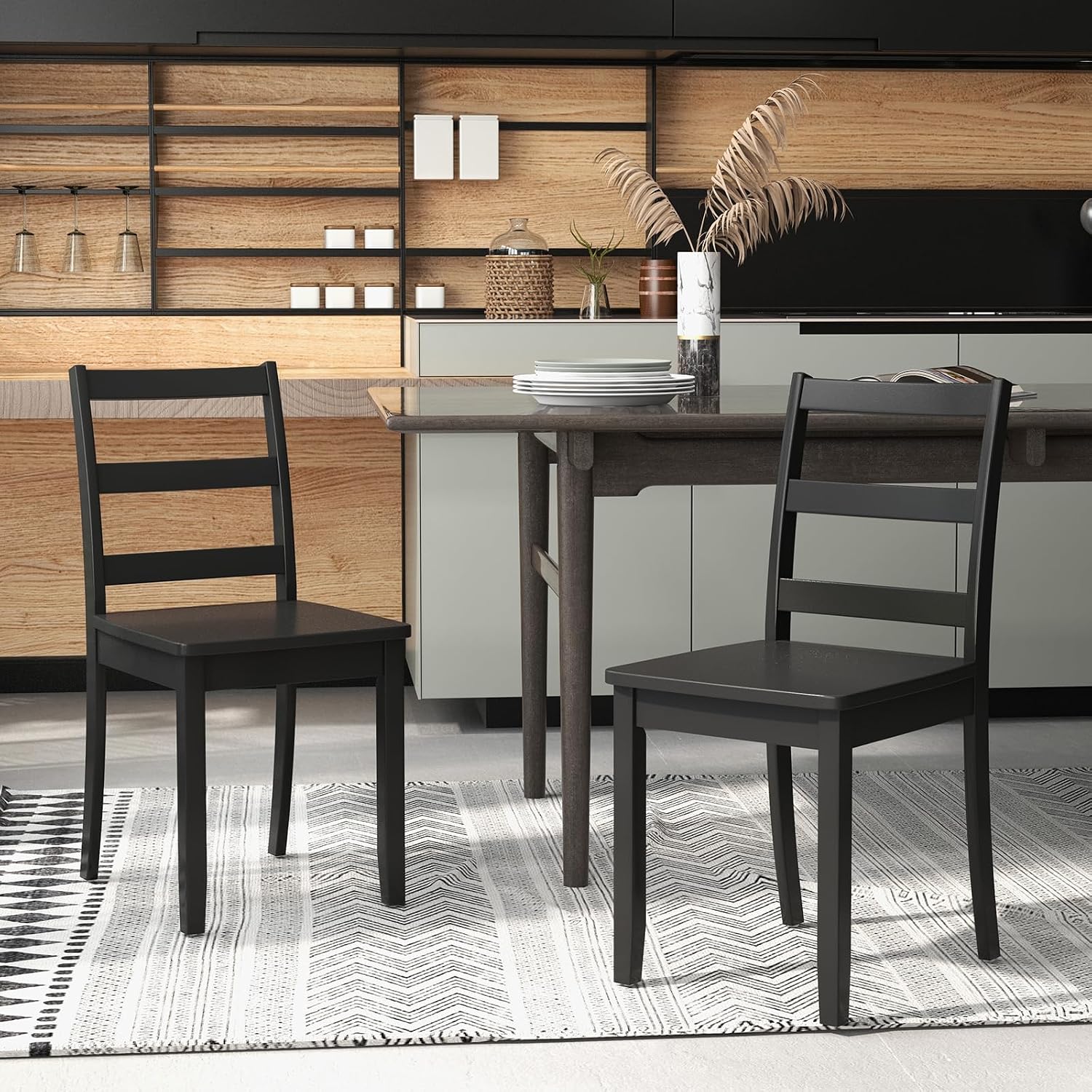 NAFORT Wood Dining Chairs Set of 2 Black, Armless Kitchen Chairs with Solid Rubber Wood Legs, Non-Slip Foot Pads, Max Load 400 Lbs, Farmhouse Seat High Ladder Back Dining Room Chairs